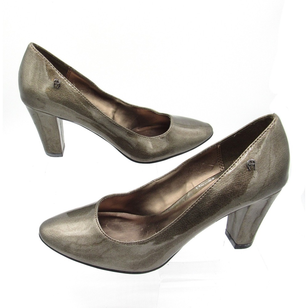 Etienne Aigner Bronze Pumps Faux Patent Leather 2.75 Inch Heel Size 6M - Picture 2 of 7